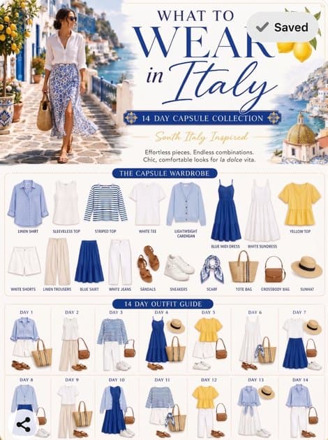 A saved Pinterest pin: a 14-day Italian capsule wardrobe of linen and light layers